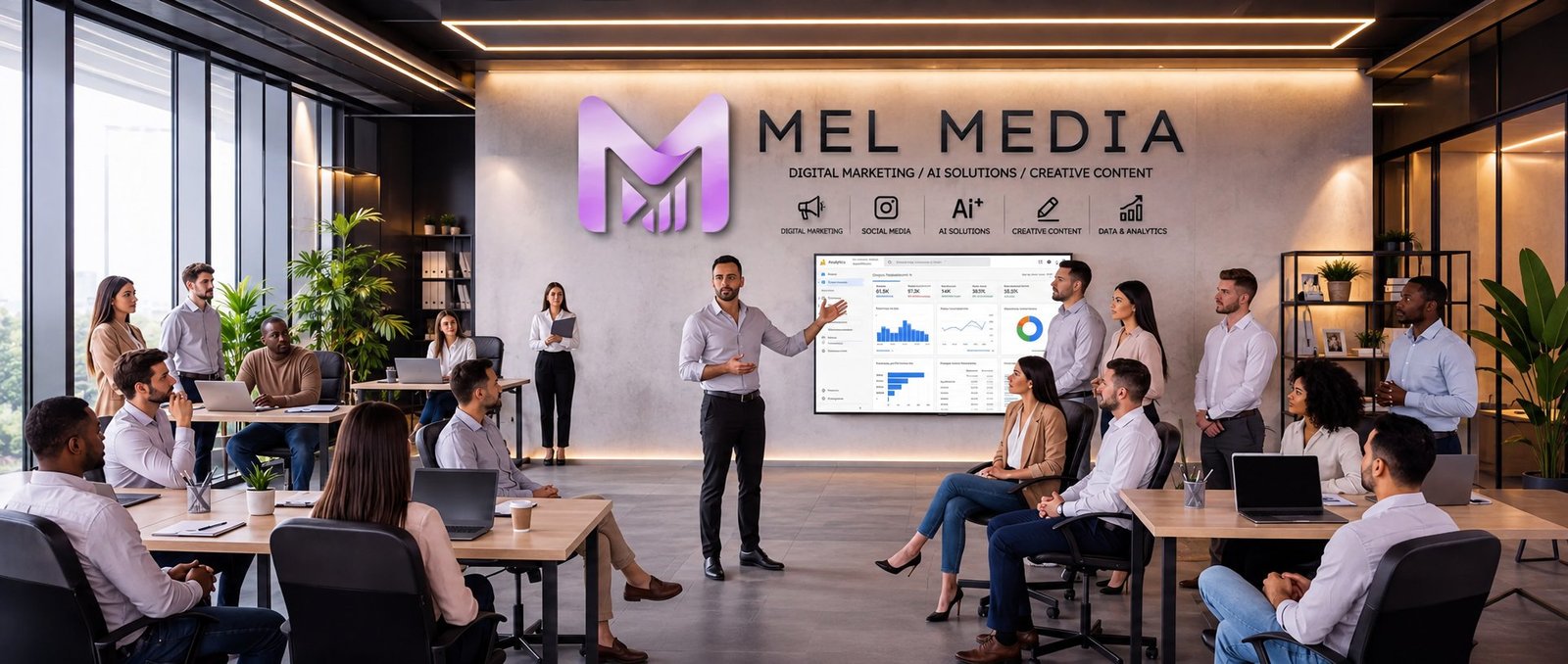 צוות Mel Media מציג ניתוח נתונים ותוצאות קמפיינים בפגישת צוות